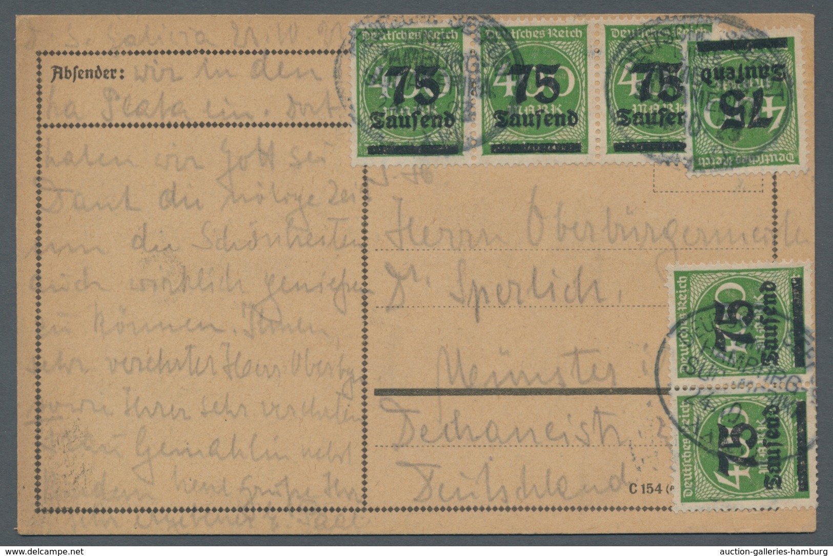 Deutsches Reich - Inflation: 1923, 75 Tsd. A. 400 M, 6 Werte Auf Postkarte, Geschrieben An Bord Der - Used Stamps