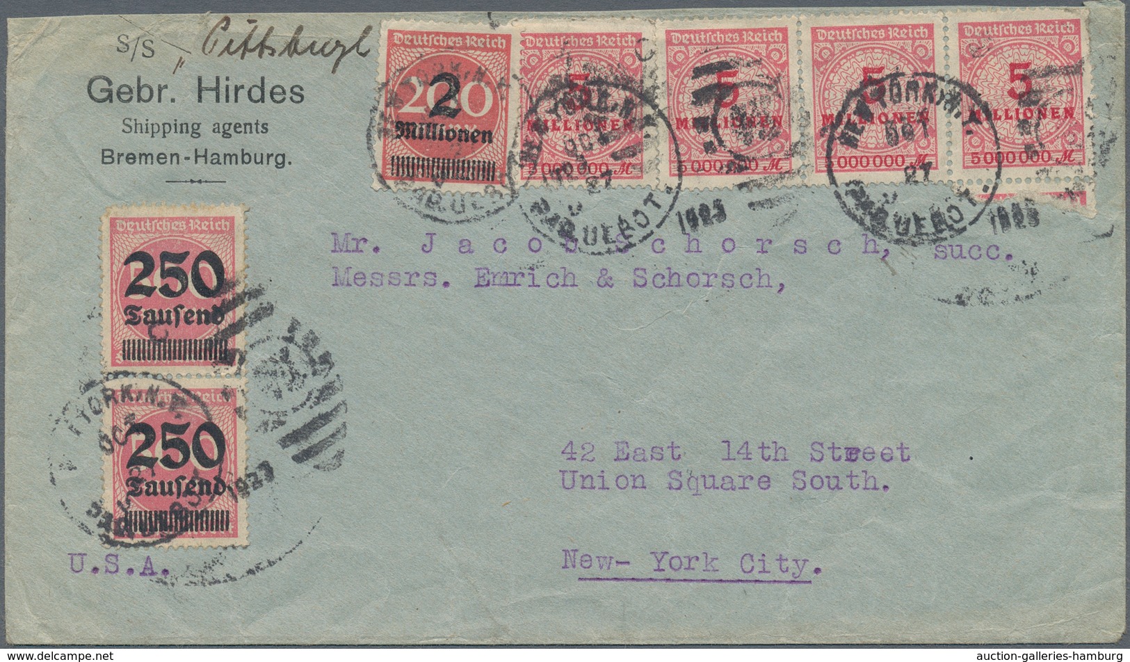 Deutsches Reich - Inflation: 1923, AUSLANDS SCHIFFSPOST In Die USA. 2 X 250T A.500M (Mi. 295), 2Mio - Usados