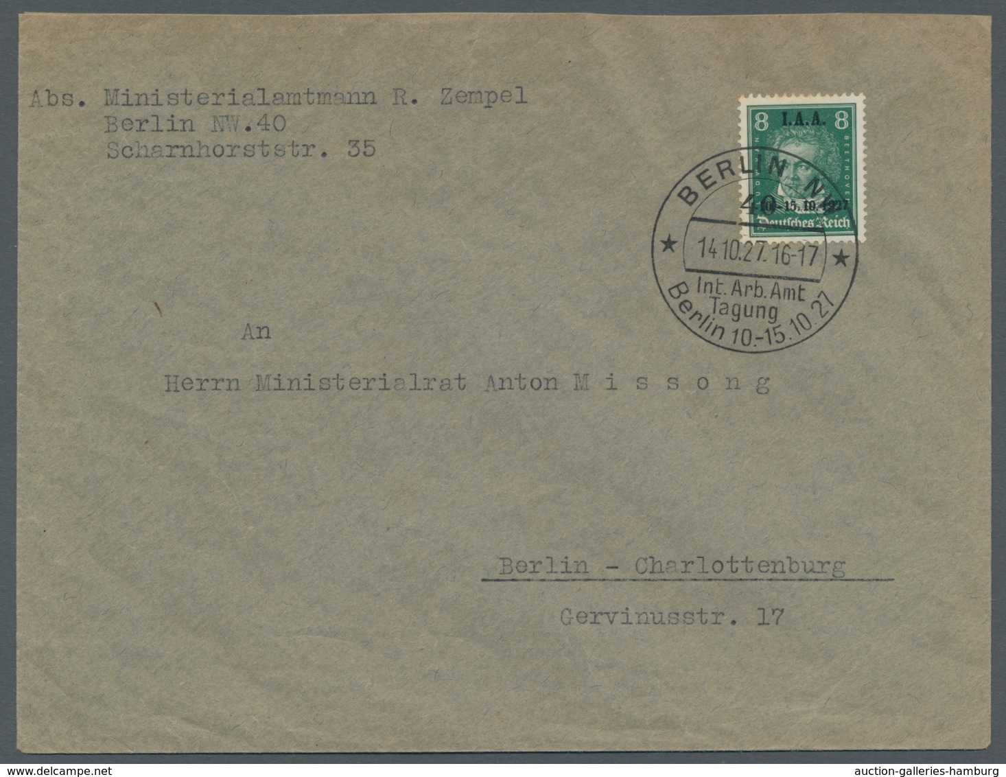 Deutsches Reich - Weimar: 1927, Beethoven, 8 Pf Grün Mit Aufdruck "IAA/10.-15.10. 27" Als Ef Auf Bri - Ungebraucht