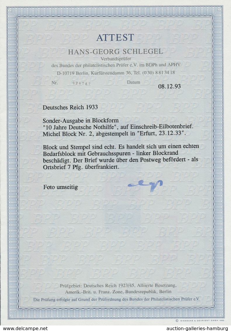 Deutsches Reich - 3. Reich: 1933, "Nothilfe"-Block Auf Gering überfrank. Eil-R-Ortsbrief ERFURT A 1 - Unused Stamps