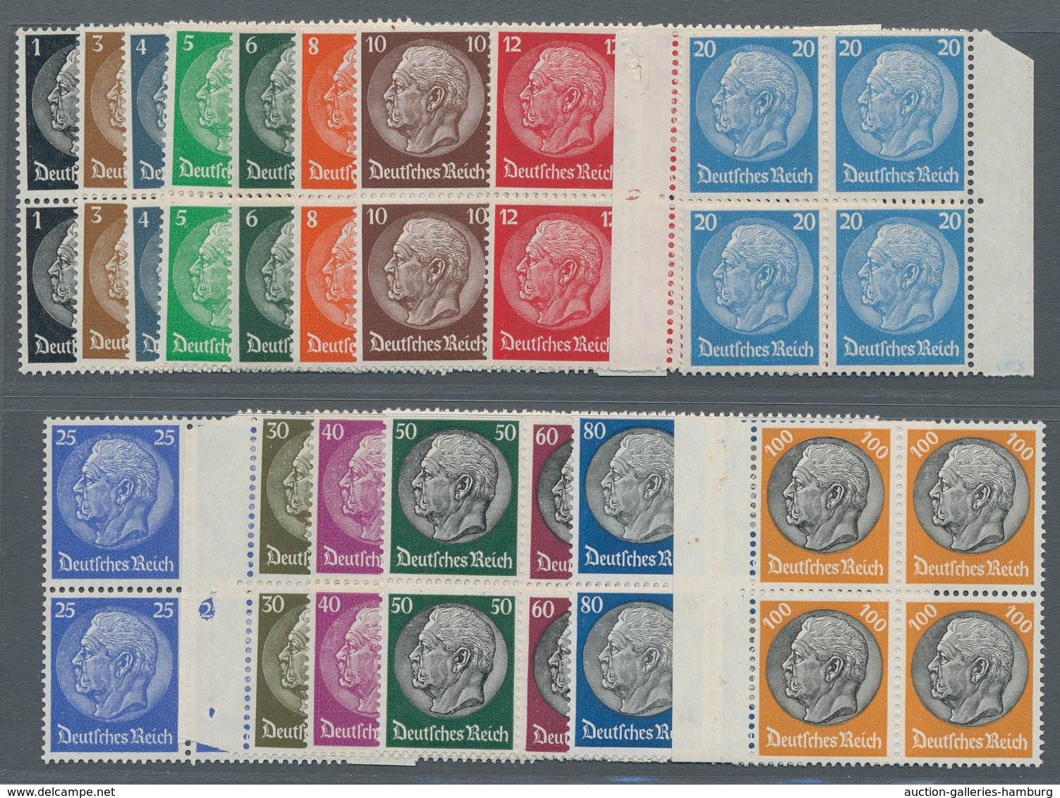 Deutsches Reich - 3. Reich: 1933, Hindenburg WZ 4, Viererblocksatz Postfrisch, Fast Alles Randstücke - Unused Stamps