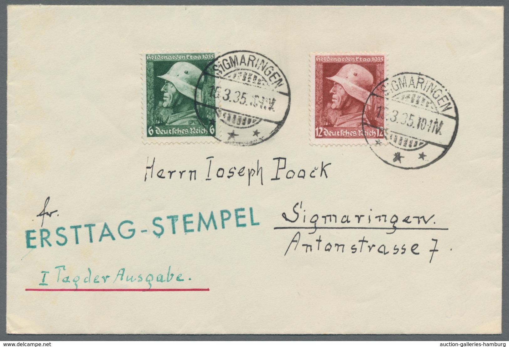 Deutsches Reich - 3. Reich: 1935, "Heldengedenktag" Auf Ersttagsbrief Mit SIGMARINGEN 15.3.35 In Tad - Nuevos
