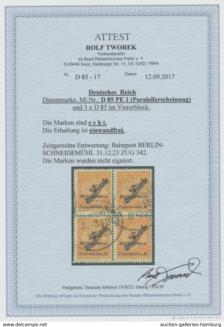 Deutsches Reich - Dienstmarken: 1923, 5 Mrd. Gestempelter 4er Block, Dabei Ein Wert Als PE 1 (Parall - Dienstmarken