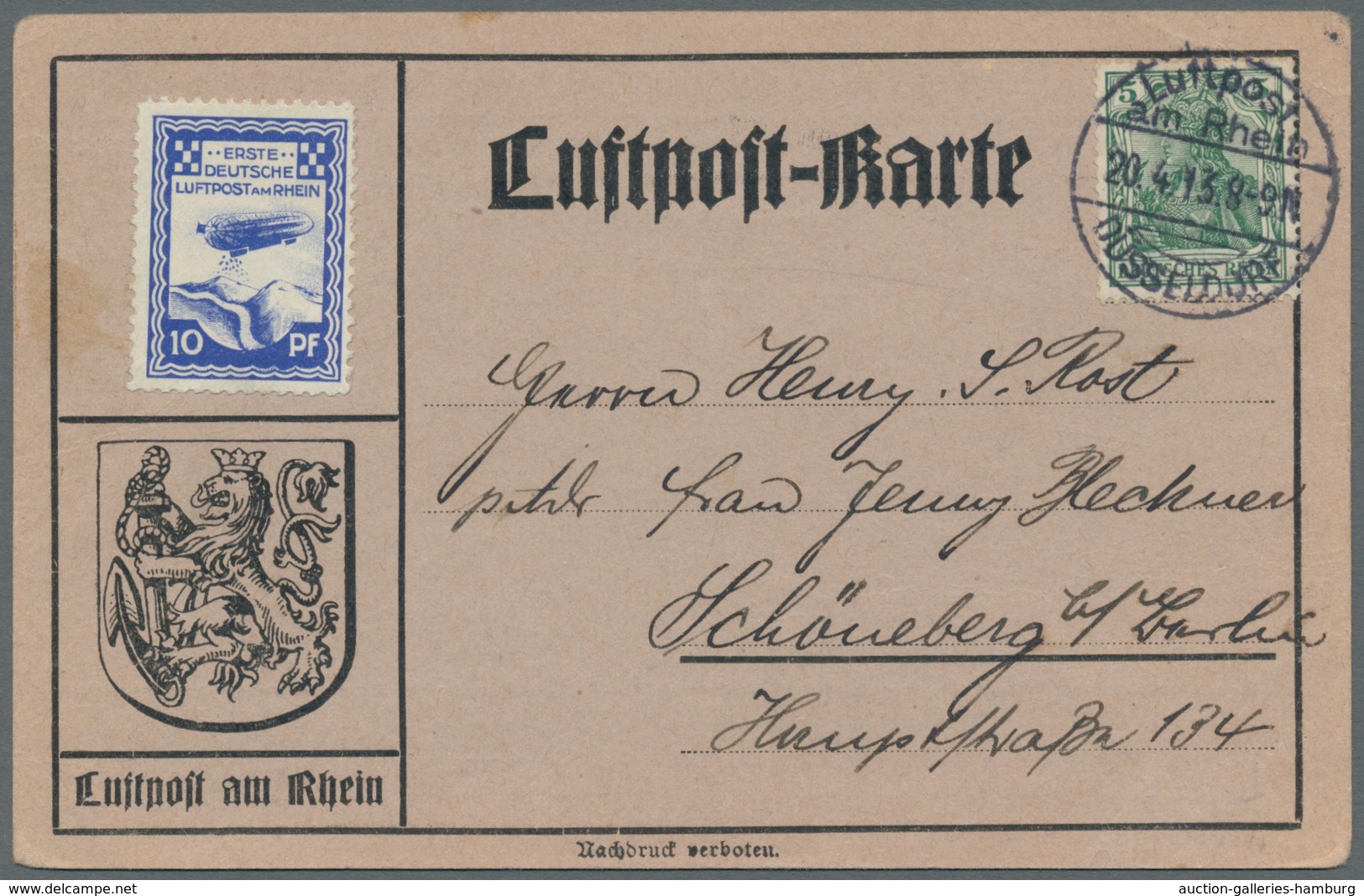 Deutsches Reich - Halbamtliche Flugmarken: 1913, "10 Pfg. Kobalt", Zweimal Auf Zwei Verschiedenfarbi - Correo Aéreo & Zeppelin