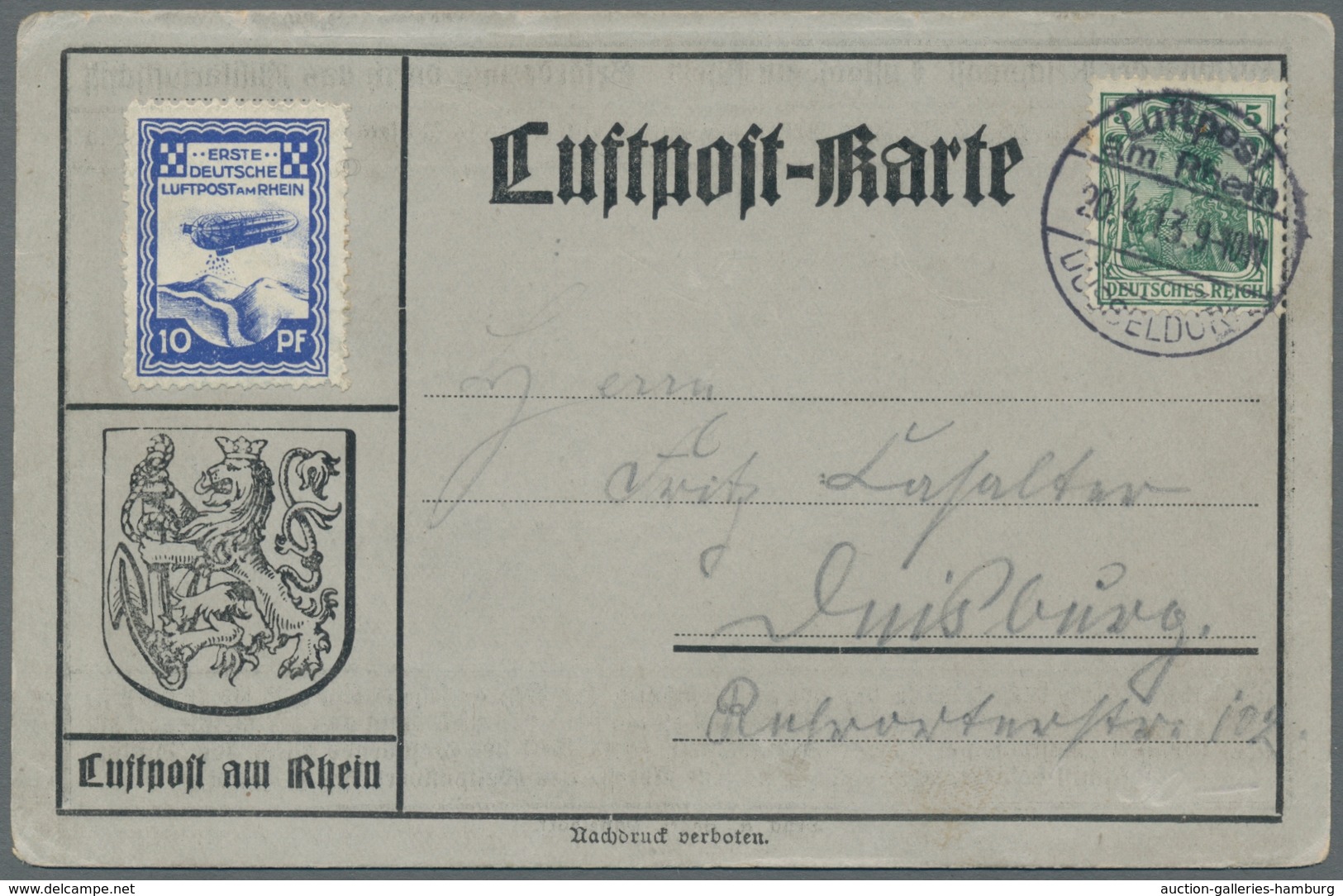 Deutsches Reich - Halbamtliche Flugmarken: 1913, "10 Pfg. Kobalt", Zweimal Auf Zwei Verschiedenfarbi - Posta Aerea & Zeppelin