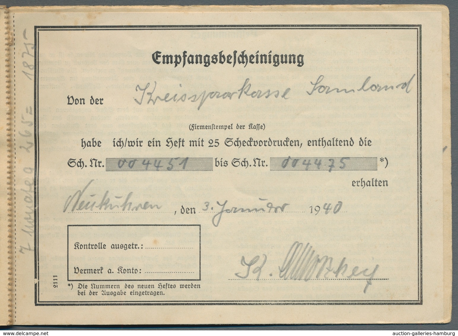 Heimat: Ehemalige Ostgebiete: SAMLAND; 1940-1948, Scheckheft Zu Ehemals 25 Scheckvordrucken Der "Kre - Other & Unclassified