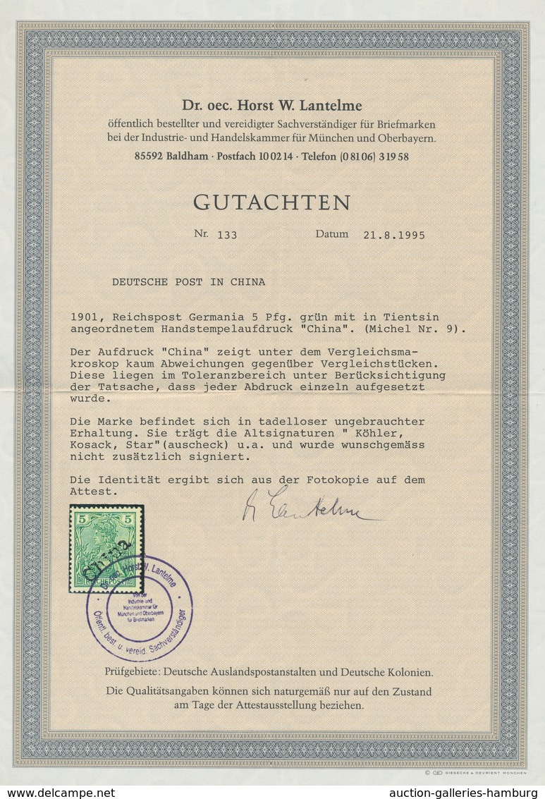 Deutsche Post In China: 1900, 5 Pf. Handstempel, Die Marke Ist Farbfrisch, Gut Gezähnt Und Tadellos - China (offices)