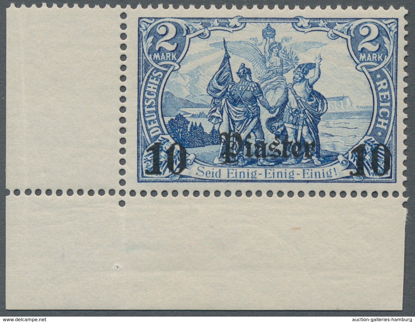Deutsche Post In Der Türkei: 1905, 10 PIA Auf 2 M Blau, Postfrisches Unteres Linkes Eckrandstück. - Turquia (oficinas)