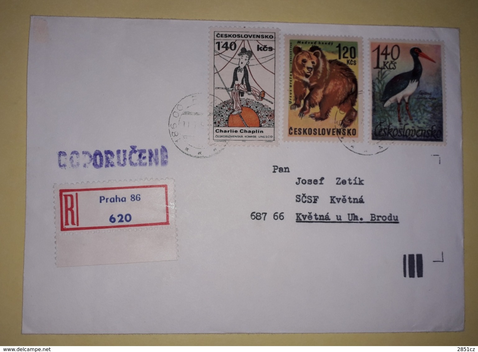 Letter - Stamp C. Chaplin / Bear / Stork / Praga 1962 / Postmark Praha, 1990., Czechoslovakia, Registrated Letter - Otros & Sin Clasificación