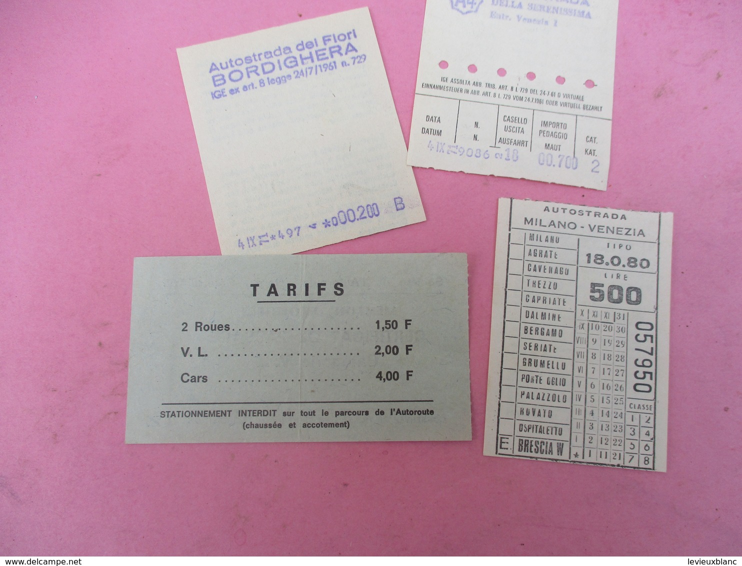 4 Tickets De Péage D'Autoroute Différents /Estérel Côte D'Azur/Bordighera/Milano-Venezia/ 1971   VPN300 - Autres & Non Classés