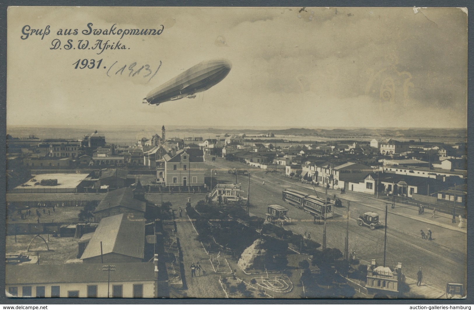 Deutsch-Südwestafrika: 1913, S/w-AK "Gruß Aus Swakopmund" Mit Im Bild Platzierten Zeppelin, Frankier - África Del Sudoeste Alemana