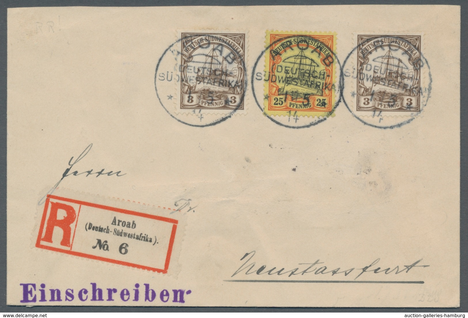 Deutsch-Südwestafrika - Stempel: AROAB; 1914, Kaiseryacht 3 Pfennig (2 Stück) Und 25 Pfennig Jeweils - África Del Sudoeste Alemana