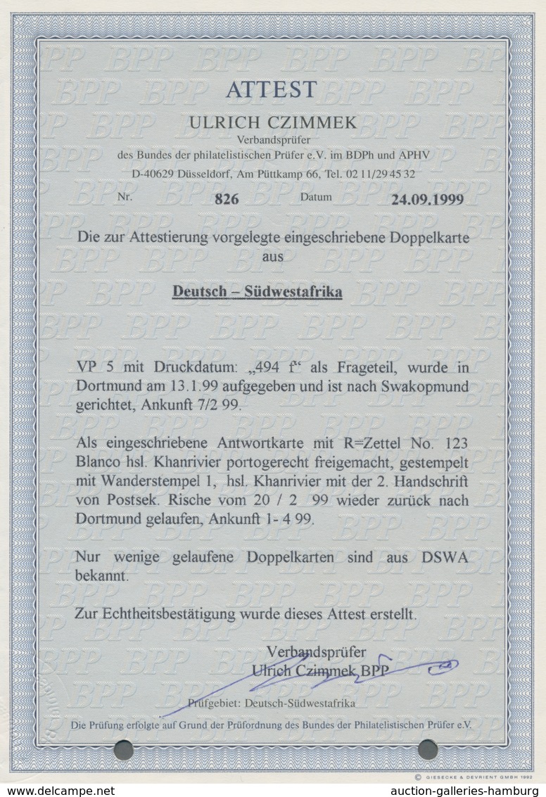 Deutsch-Südwestafrika - Stempel: KHANRIVIER; "Krone/Adler" Komplette 10 Pfennig Antwortkarte Mit Dru - África Del Sudoeste Alemana