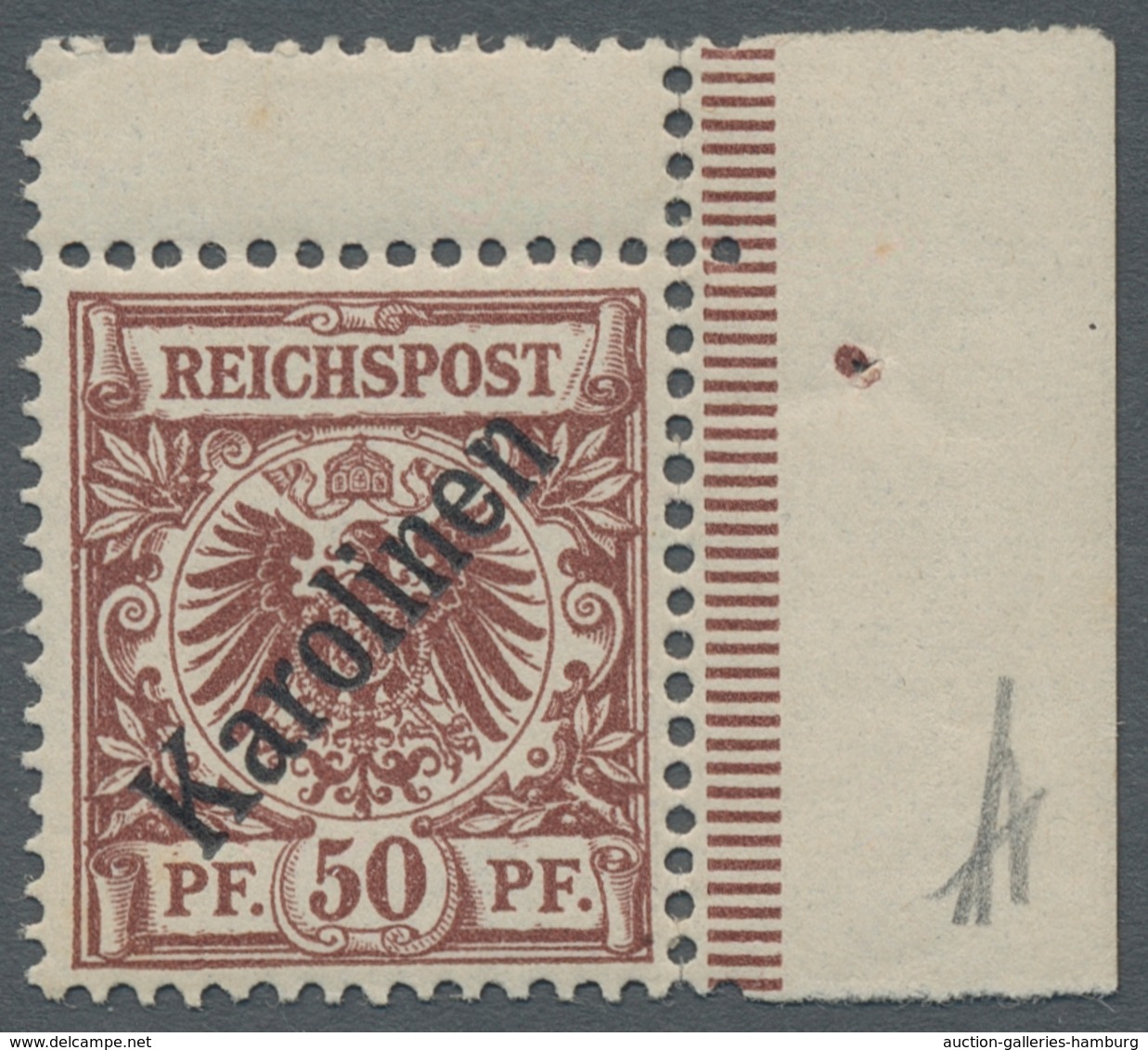 Deutsche Kolonien - Karolinen: 1899, 50 Pf, Diagonaler Aufdruck, Postfrisches Eckrandstück Mit Anhg. - Islas Carolinas