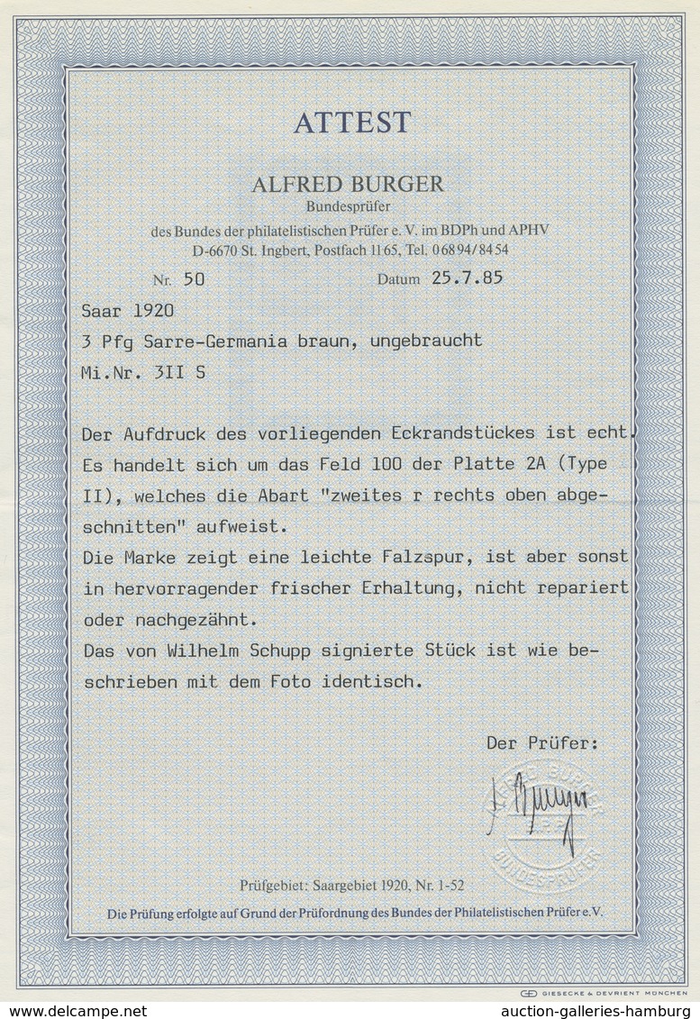 Deutsche Abstimmungsgebiete: Saargebiet: 1920, "3 Pfg. Germania/Sarre Mit Aufdruck In Type II Und PL - Cartas & Documentos