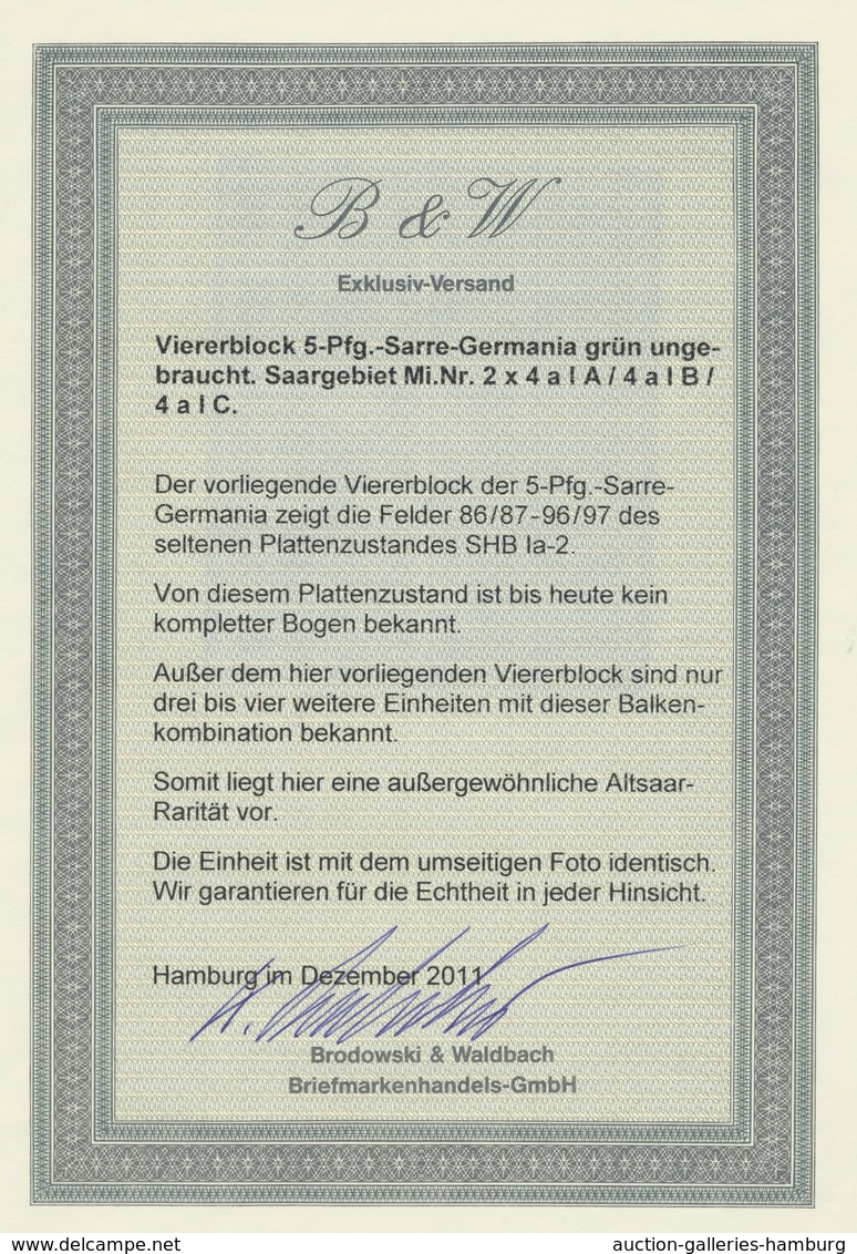Deutsche Abstimmungsgebiete: Saargebiet: 1920, "5 Pfg. Germania/Sarre", Viererblock Von Plattenzusta - Cartas & Documentos