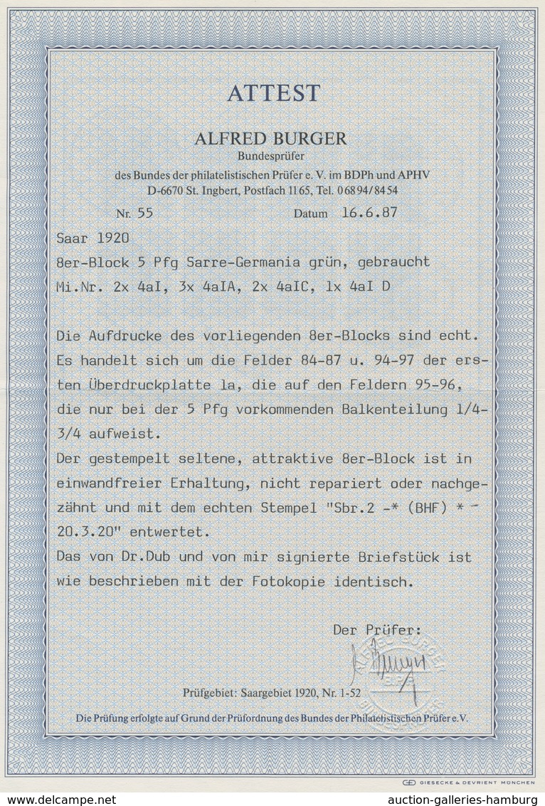 Deutsche Abstimmungsgebiete: Saargebiet: 1920, "5 Pfg. Germania/Sarre", Unterrandachterblock Der Frü - Cartas & Documentos