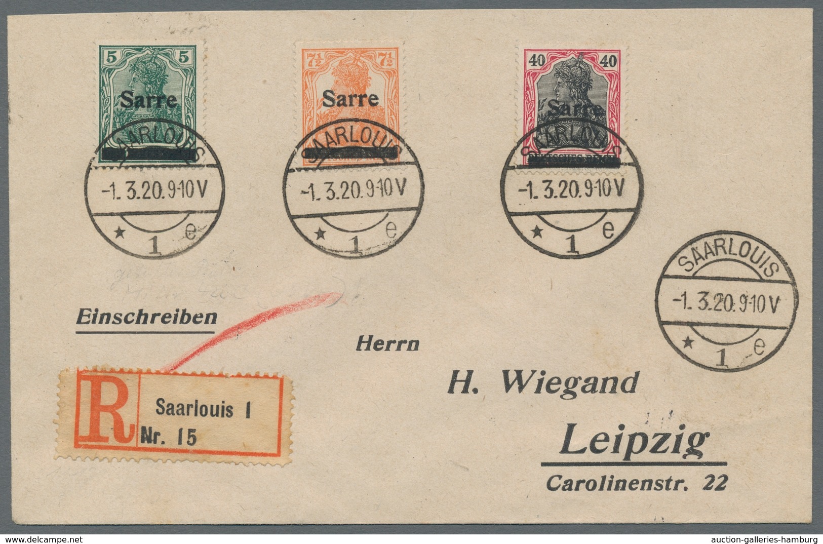 Deutsche Abstimmungsgebiete: Saargebiet: 1920, "5 Pfg. Germania/Sarre Mit PLF C", Sauber Gestempelte - Covers & Documents