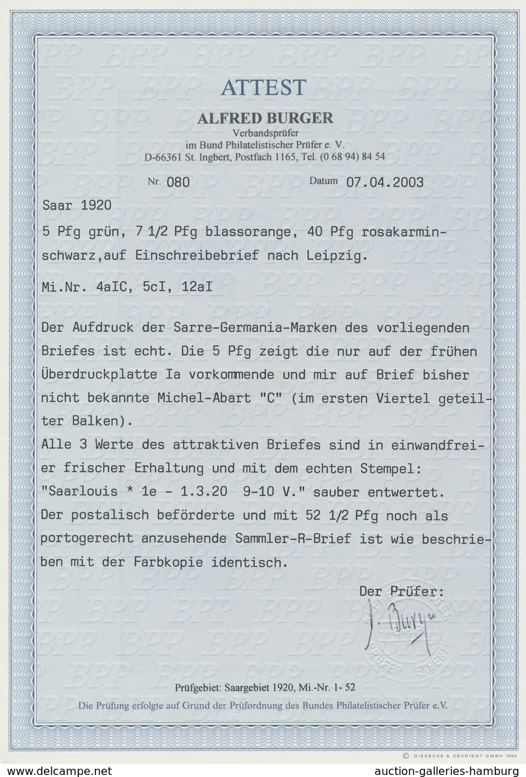 Deutsche Abstimmungsgebiete: Saargebiet: 1920, "5 Pfg. Germania/Sarre Mit PLF C", Sauber Gestempelte - Cartas & Documentos
