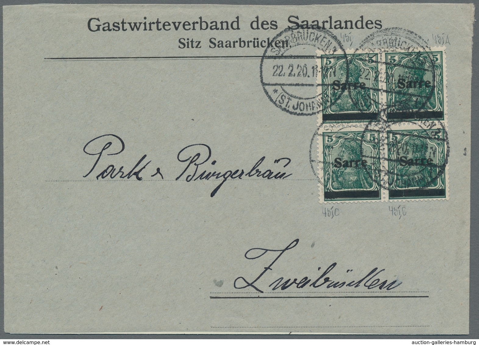 Deutsche Abstimmungsgebiete: Saargebiet: 1920, "5 Pfg. Germania/Sarre Dunkelgrün Mit PLF C", Zwei We - Covers & Documents