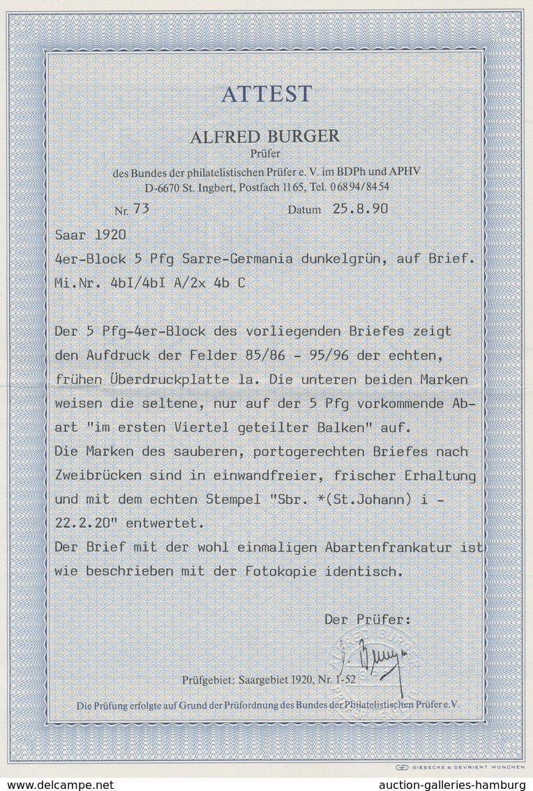 Deutsche Abstimmungsgebiete: Saargebiet: 1920, "5 Pfg. Germania/Sarre Dunkelgrün Mit PLF C", Zwei We - Cartas & Documentos