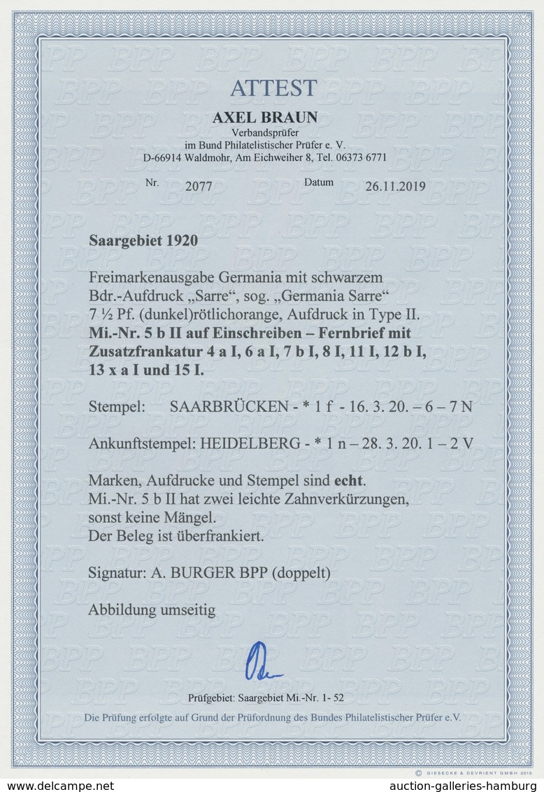 Deutsche Abstimmungsgebiete: Saargebiet: 1920, "7 ½ Pfg. Rötlichorange Mit Aufdruck In Type II", Sau - Cartas & Documentos