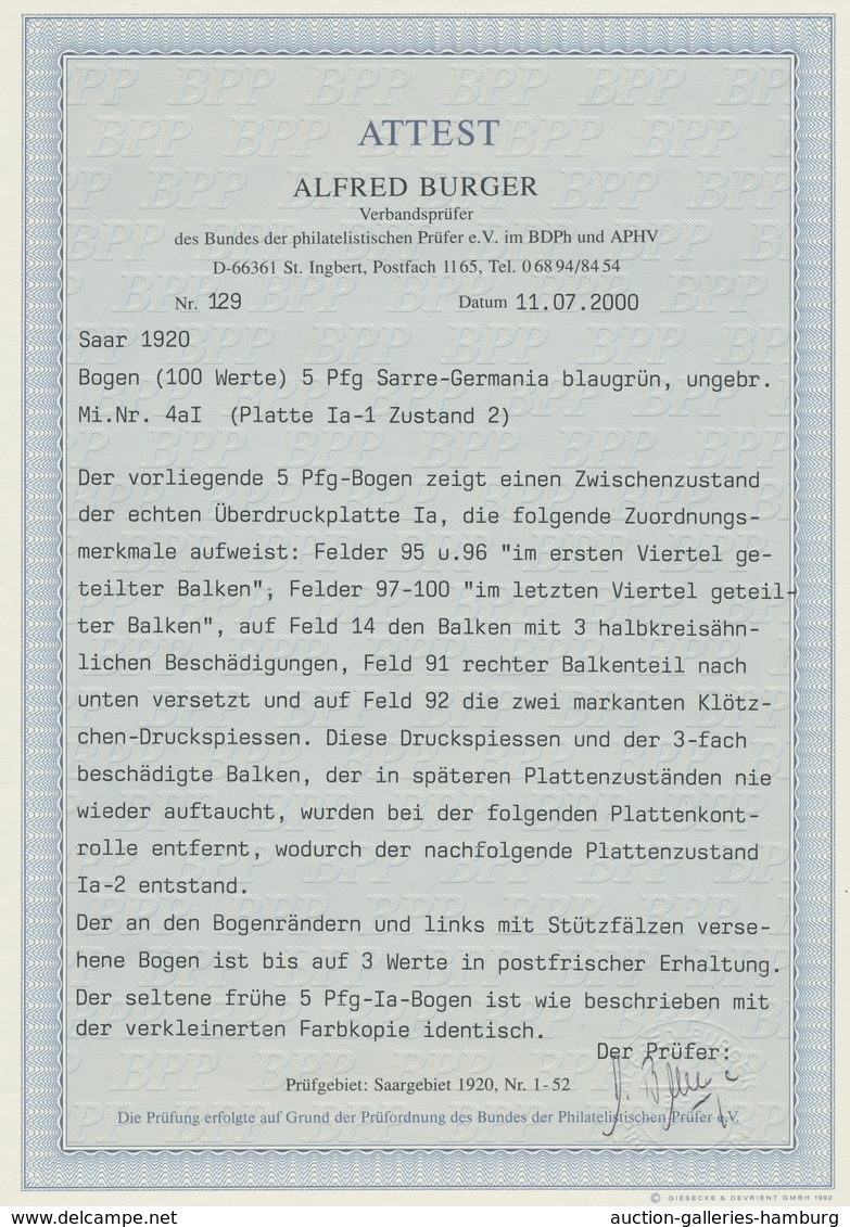 Deutsche Abstimmungsgebiete: Saargebiet: 1920, "5 Pfg. Germania/Sarre Schwärzlichbläulichgrün", Komp - Cartas & Documentos