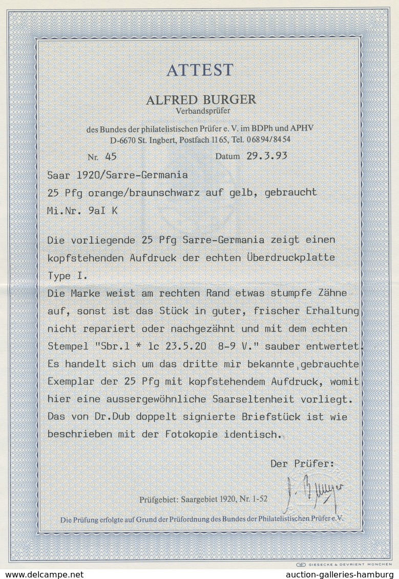 Deutsche Abstimmungsgebiete: Saargebiet: 1920, "25 Pfg. Germania/Sarre Mit Kopfstehendem Aufdruck", - Cartas & Documentos
