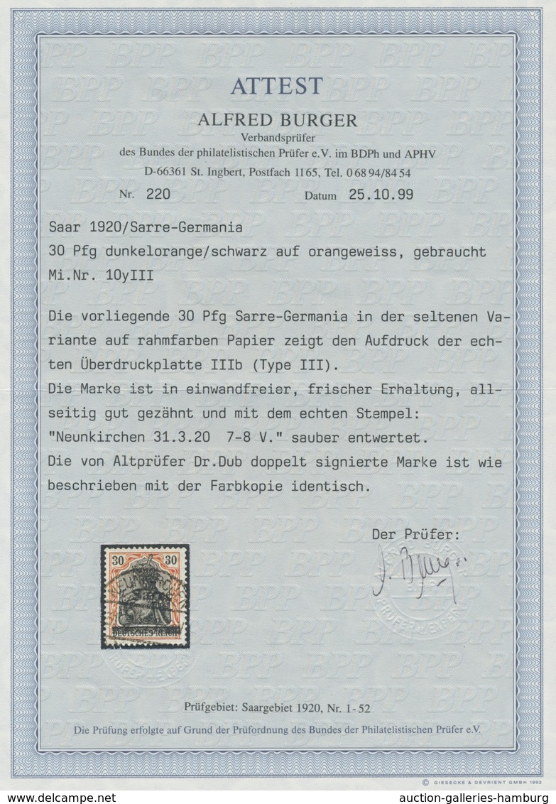 Deutsche Abstimmungsgebiete: Saargebiet: 1920, "30 Pfg. Germania/Sarre Auf Orangeweißem Papier", Sau - Cartas & Documentos
