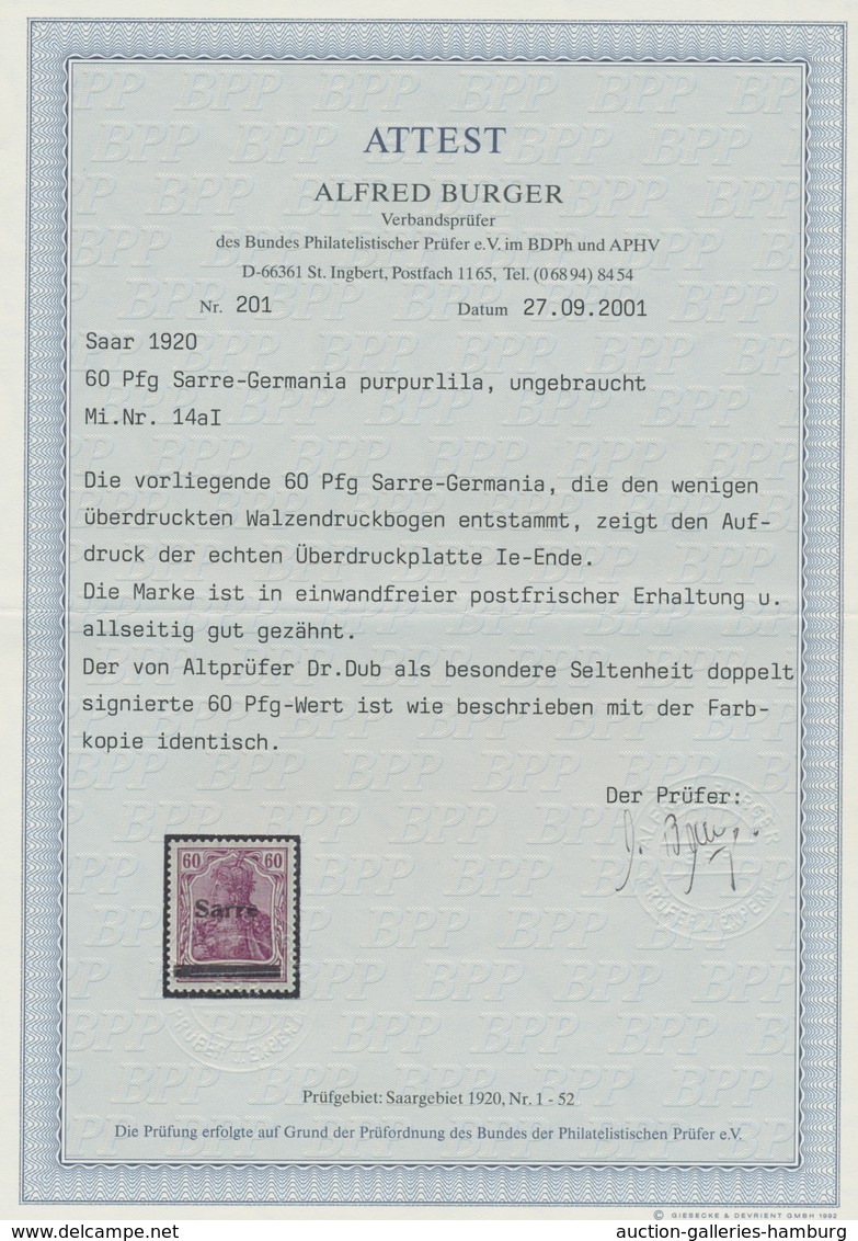 Deutsche Abstimmungsgebiete: Saargebiet: 1920, "60 Pfg. Germania/Sarre Purpurlila", Postfrischer Wer - Covers & Documents