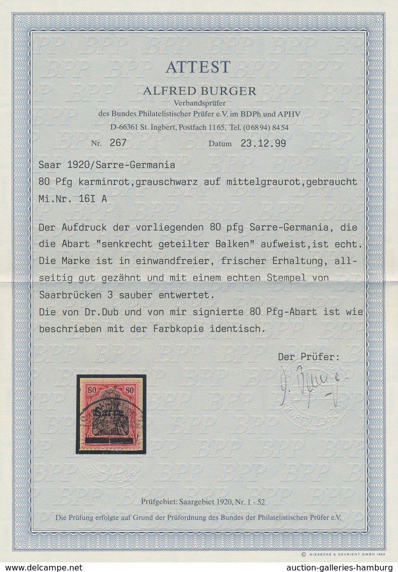 Deutsche Abstimmungsgebiete: Saargebiet: 1920, 80 Pf Germania Mit Aufdruck, Fehlerfrei Auf Kleinem B - Cartas & Documentos