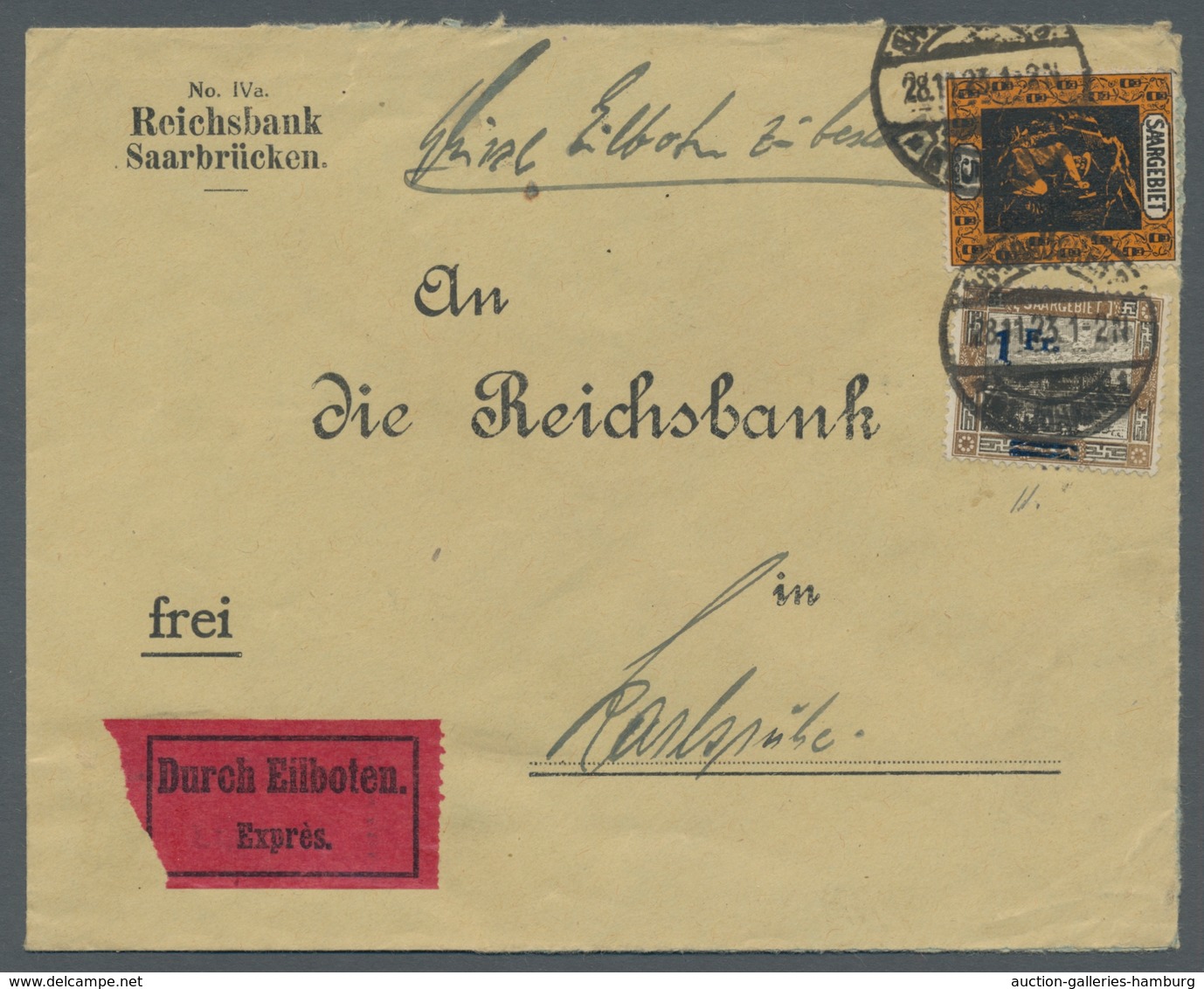Deutsche Abstimmungsgebiete: Saargebiet: 1921, 5c U. 1Fr. Aufdruck, Mit Aufdruckfehler 1 Fr "ohne Fu - Covers & Documents