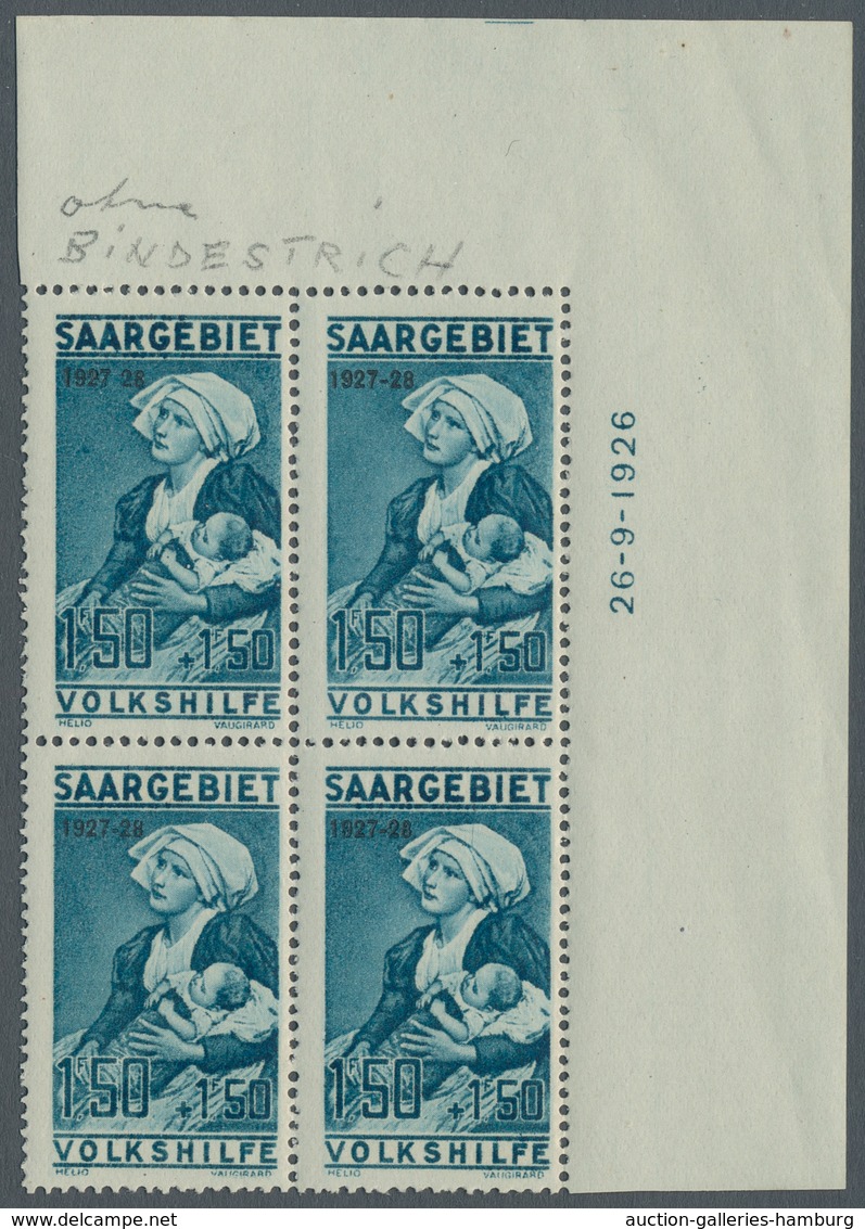 Deutsche Abstimmungsgebiete: Saargebiet: 1927, "Volkshilfe", Viererblocksatz Mit Je Einmal Druckdatu - Cartas & Documentos