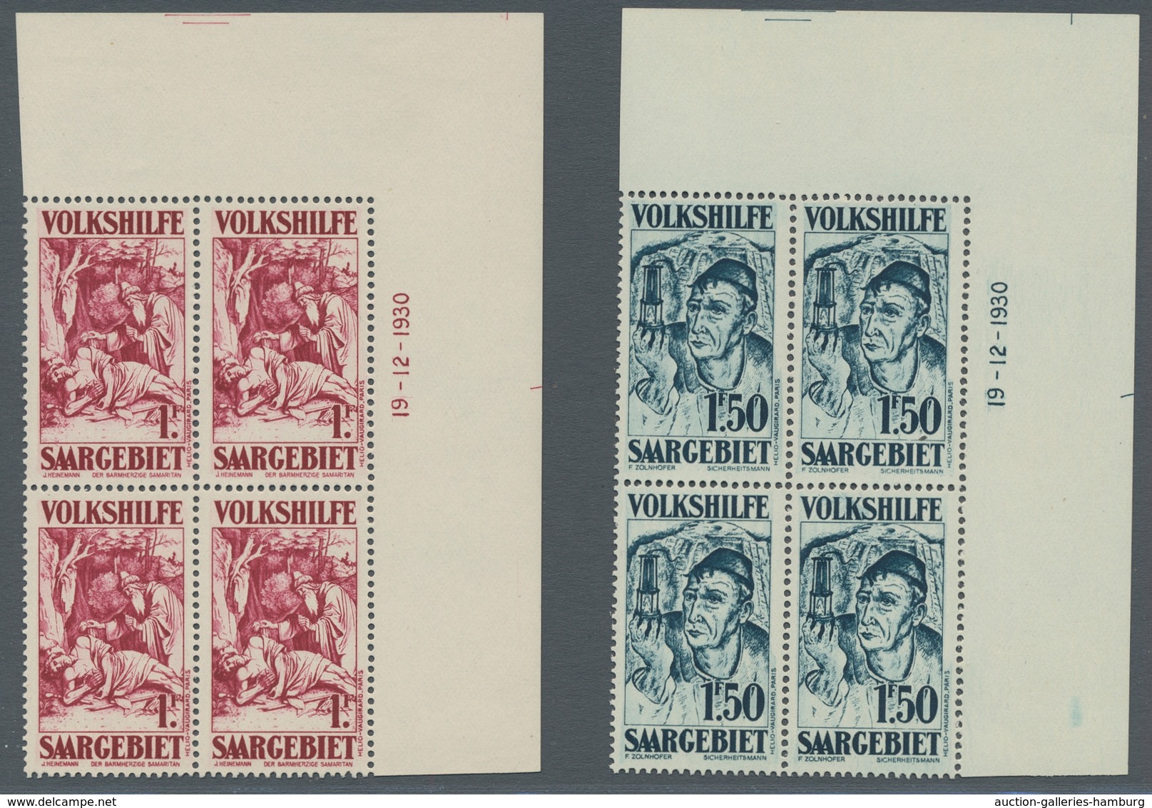 Deutsche Abstimmungsgebiete: Saargebiet: 1931, "Volkshilfe/Gemälde III", Postfrischer Eckrandviererb - Cartas & Documentos