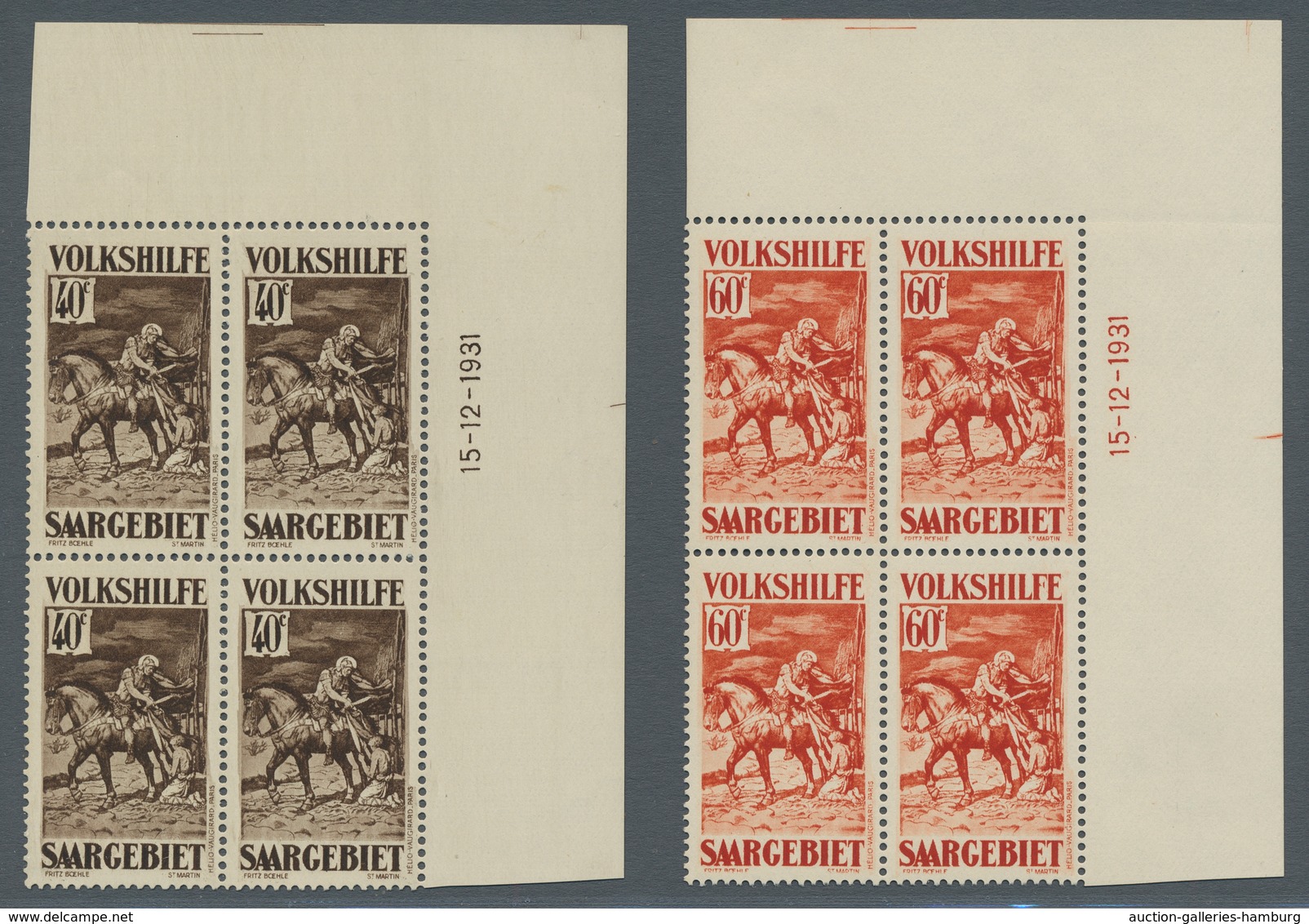 Deutsche Abstimmungsgebiete: Saargebiet: 1931, "Volkshilfe/Gemälde IV", Eckrandviererblocksatz Mit D - Cartas & Documentos