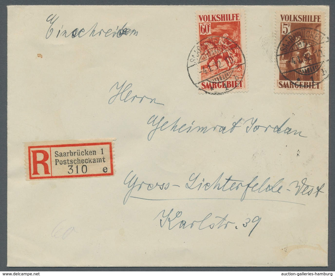 Deutsche Abstimmungsgebiete: Saargebiet: 1931, "60 C. Und 5 Fr. Volkshilfe - Gemälde IV" Als MiF Auf - Briefe U. Dokumente