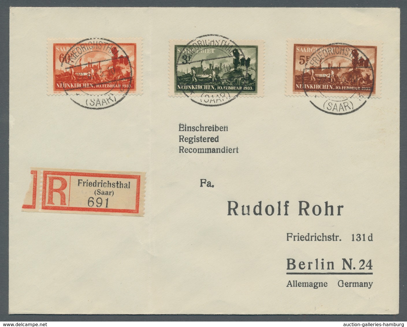 Deutsche Abstimmungsgebiete: Saargebiet: 1933, "Neunkirchen" Komplett Auf Satz-R-Brief Je Mit Zentra - Briefe U. Dokumente