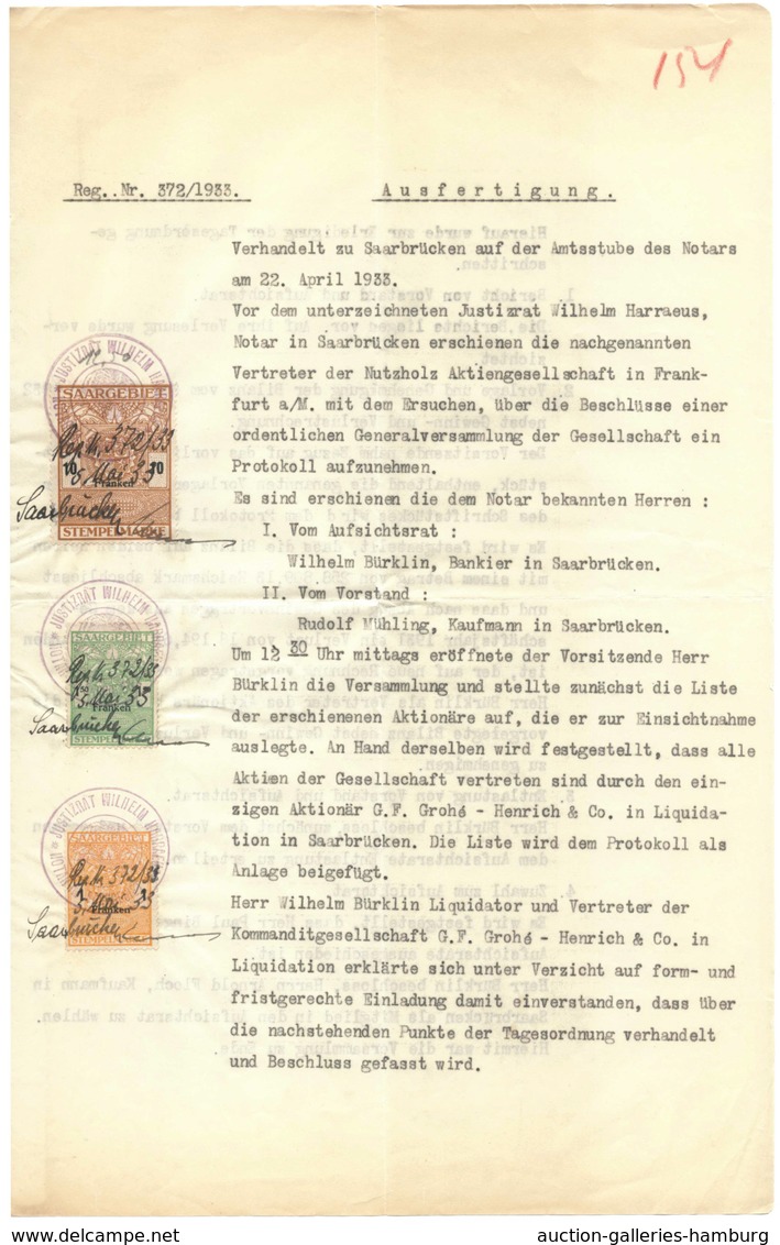 Deutsche Abstimmungsgebiete: Saargebiet: 1933, Notarsdokument Mit Drei Verschiedenen Steuermarken De - Cartas & Documentos