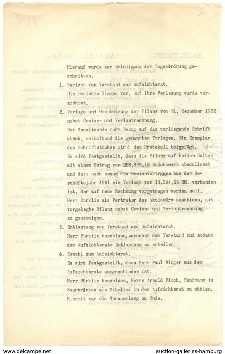 Deutsche Abstimmungsgebiete: Saargebiet: 1933, Notarsdokument Mit Drei Verschiedenen Steuermarken De - Cartas & Documentos