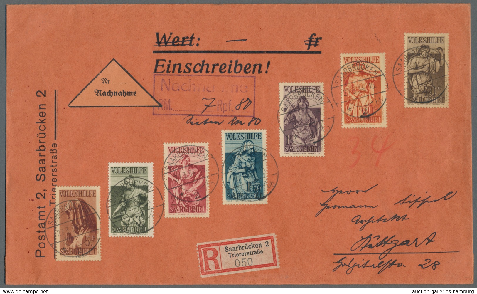 Deutsche Abstimmungsgebiete: Saargebiet: 1934, Volkshilfe Kplt Satz Auf Orts-Einschreibe- Nachnahmeb - Cartas & Documentos