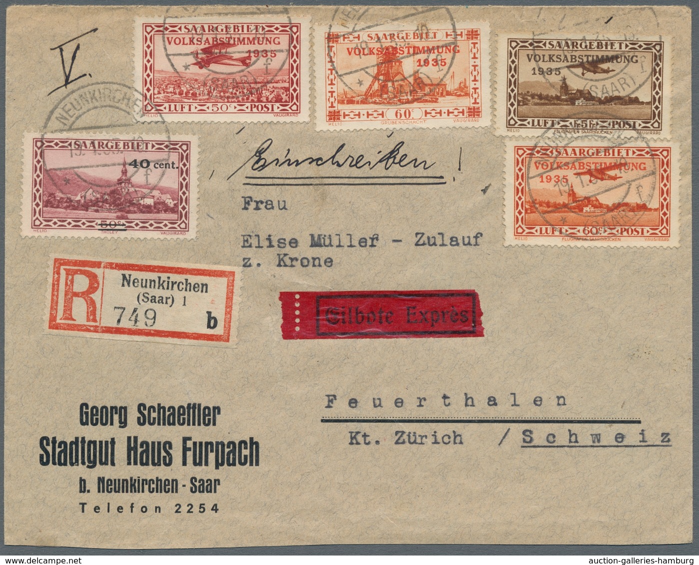 Deutsche Abstimmungsgebiete: Saargebiet: 1935, 19.1., Eilboten-Einschreibbrief In Die Schweiz Mit At - Cartas & Documentos