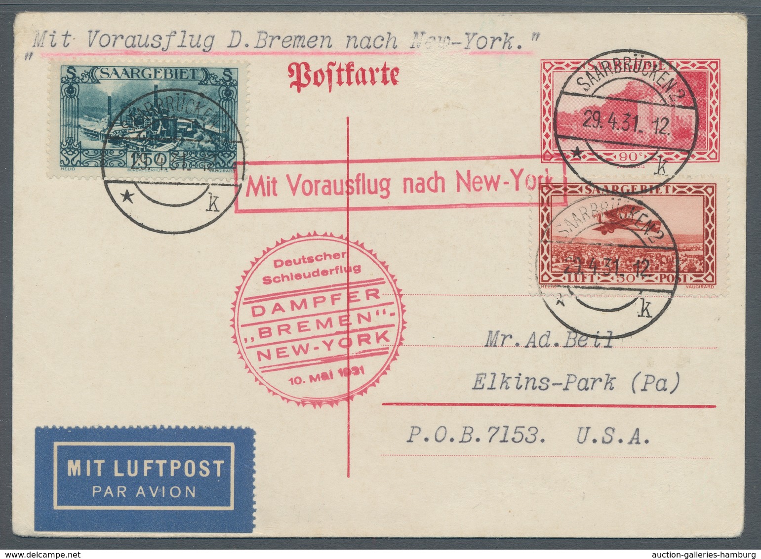 Deutsche Abstimmungsgebiete: Saargebiet: 1931, Katapult Nordatlantik, Zuleitung SAARGEBIET, GA-Karte - Cartas & Documentos