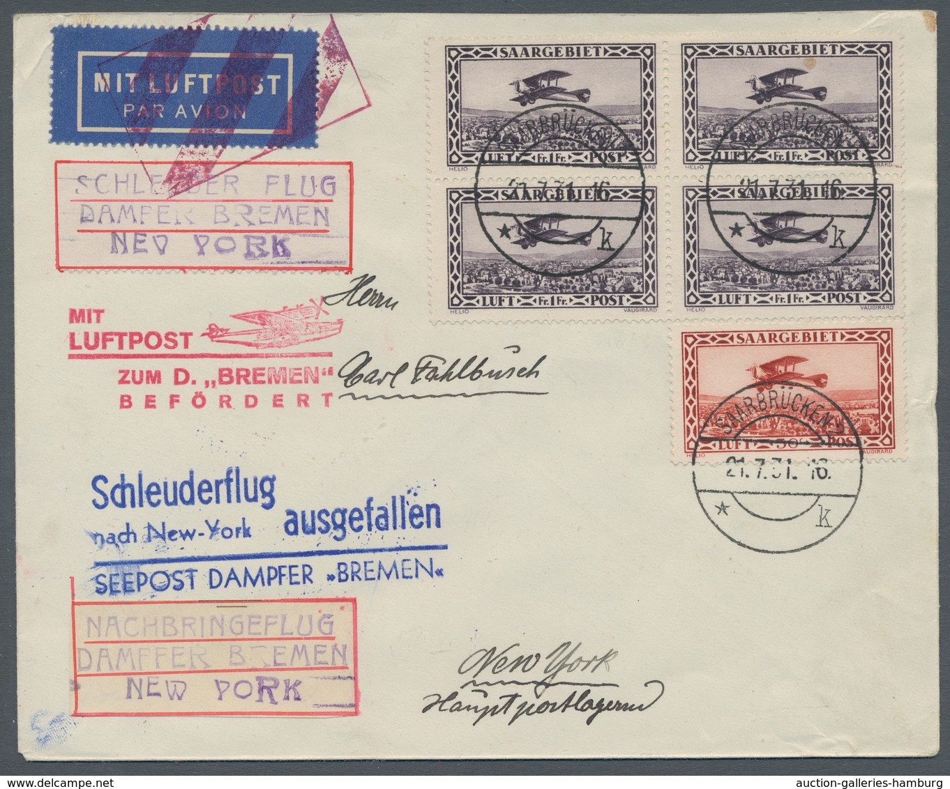 Deutsche Abstimmungsgebiete: Saargebiet: 1931, Katapultflug Nordatlantik, Zulieferung SAARGEBIET, Br - Cartas & Documentos