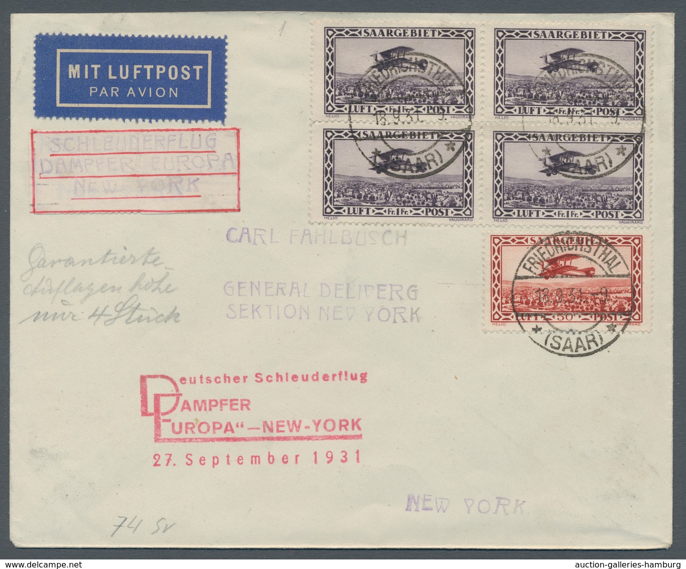 Deutsche Abstimmungsgebiete: Saargebiet: 1931, Katapultflug Nordatlantik, Zulieferung SAARGEBIET, Br - Cartas & Documentos