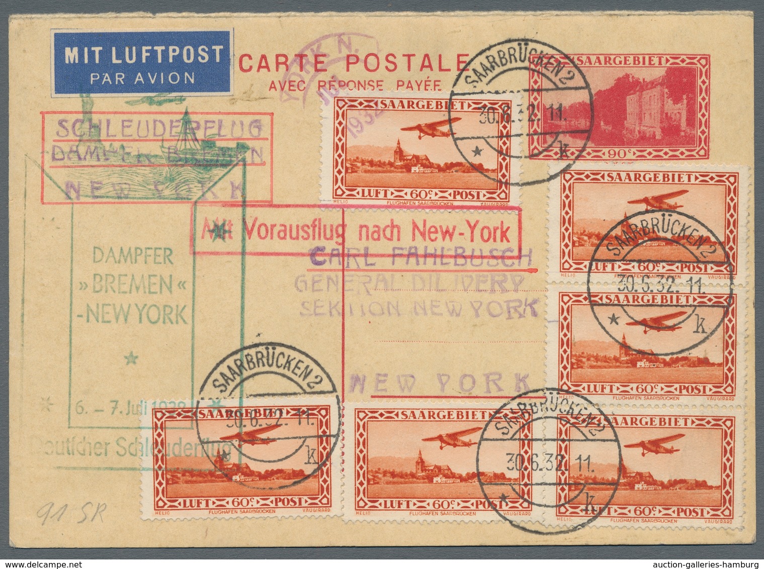 Deutsche Abstimmungsgebiete: Saargebiet: 1932, Katapultflug Nordatlantik, Zulieferung SAARGEBIET, Se - Cartas & Documentos