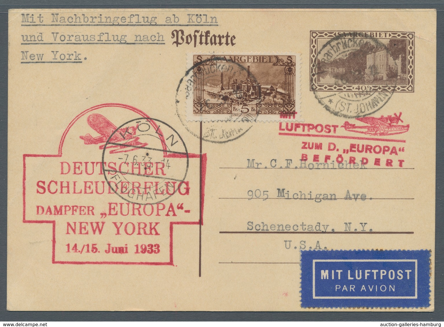 Deutsche Abstimmungsgebiete: Saargebiet: 1933, Katapultflug Nordatlantik, Zulieferung SAARGEBIET, GA - Cartas & Documentos