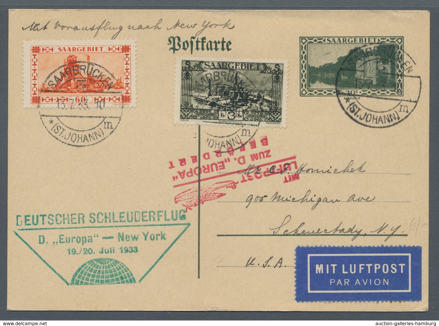 Deutsche Abstimmungsgebiete: Saargebiet: 1933, Katapultflug Nordatlantik, Zulieferung SAARGEBIET, GA - Cartas & Documentos