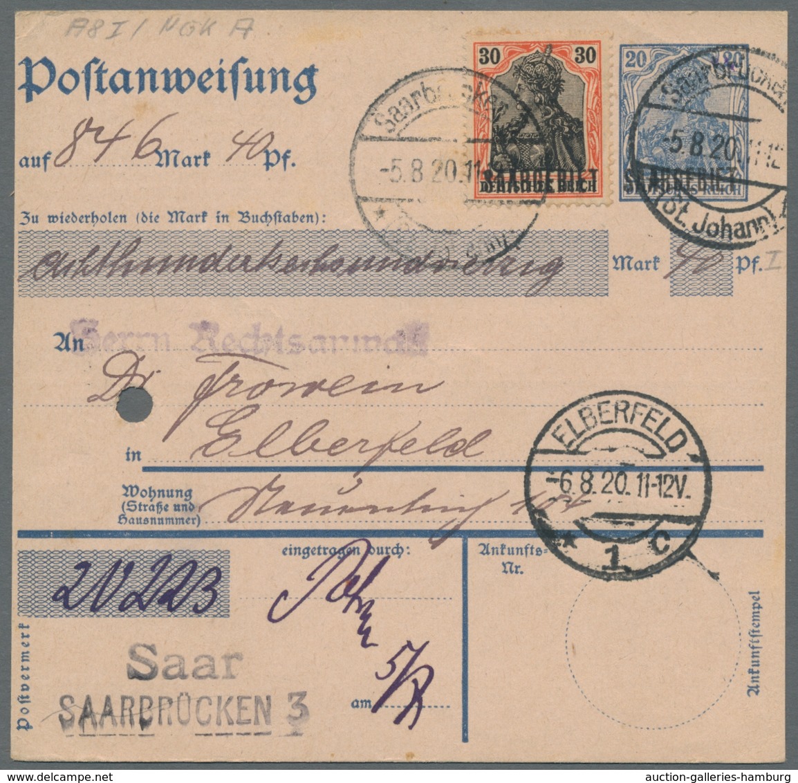 Deutsche Abstimmungsgebiete: Saargebiet - Ganzsachen: 1920, "20 Pfg. Germania/Saargebiet", Mit Zusat - Postal Stationery