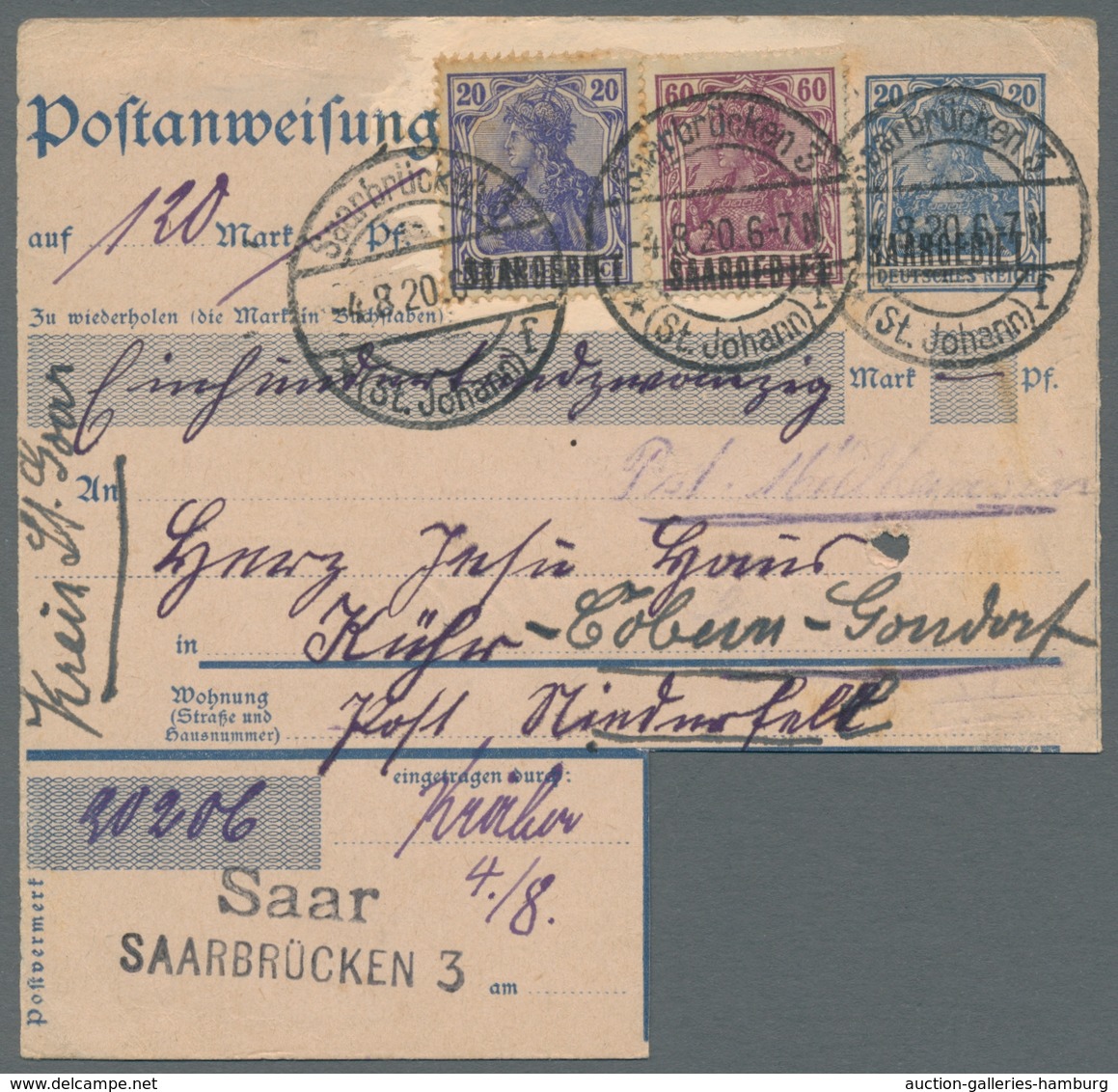 Deutsche Abstimmungsgebiete: Saargebiet - Ganzsachen: 1920, "20 Pfg. Germania/Saargebiet", Mit Zusat - Enteros Postales