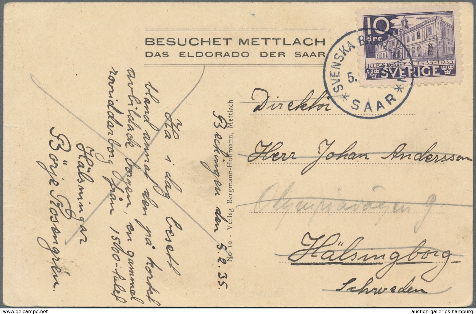 Deutsche Abstimmungsgebiete: Saargebiet - Feldpost: SCHWEDISCHE FELDPOST: 1935, AK Aus Dem Saargebie - Briefe U. Dokumente